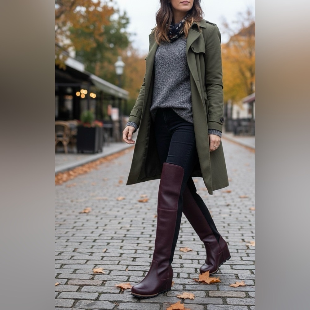 Sorel Fiona OTK Wedge Boots in Dark Burgundy Leather | Size 8.5 - Picture 3 of 10